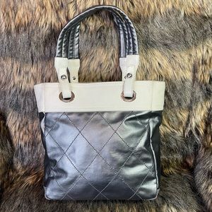 Chanel Coated Canvas Quilted Small Paris Biarritz Tote Silver